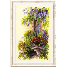 Goedkoop borduurpakket met telpatroon - Balkon met bloemen
