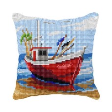 Kussenpakket Vissersboot- Voorbedrukt borduurkussen incl garen 