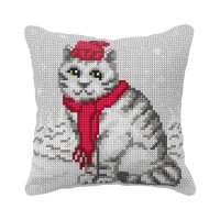 Kussenpakket Kat met muts - Voorbedrukt borduurkussen incl garen