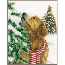 Borduurpakket met telpatroon - Hond in Kerstlandschap